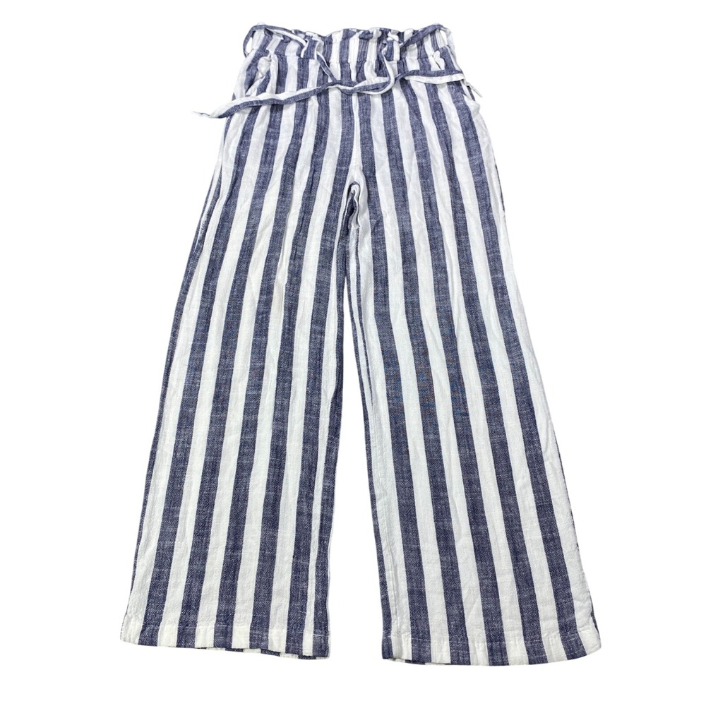 Womens Linen Wide Leg Pants Size Small Striped Beach Coastal Paperbag Waist Chic